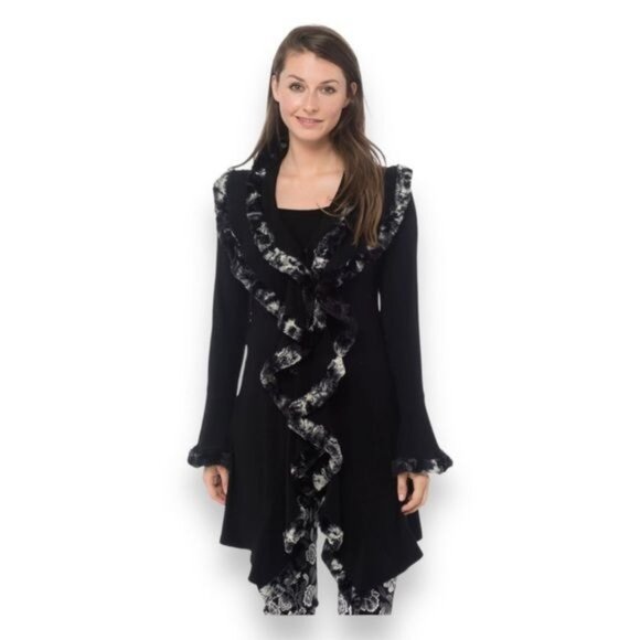 Joseph Ribkoff Women’s Mixed Media Open Front Faux Fur Trim Cardigan, Black, 8 - Picture 1 of 10